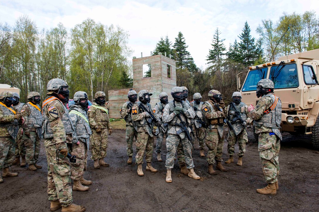 Soldiers receive an urban operations training safety brief.