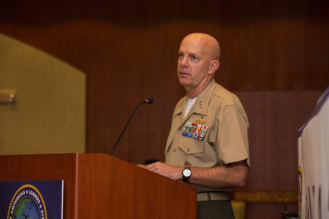 U.S. Marine Corps Lt. Gen. David H. Berger, commander, U.S. Marine Corps Forces, Pacific, speaks to the attendees of the Pacific Amphibious Leaders Symposium (PALS) 2018 in Honolulu, Hawaii, May 23, 2018. PALS is one of the many events the Marine Corps participates in to strengthen interoperability and working relationships across a wide range of operations. Senior military leaders from many militaries will use PALS as a platform to build upon already established military-to-military relationships as well as hone their amphibious capabilities. (U.S. Marine Corps photo by Cpl. Patrick Mahoney)