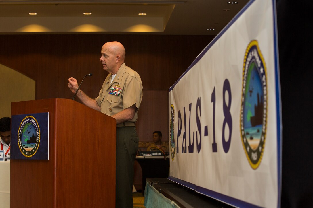 U.S. Marine Corps Lt. Gen. David H. Berger, commander, U.S. Marine Corps Forces, Pacific, speaks to the attendees of the Pacific Amphibious Leaders Symposium (PALS) 2018 in Honolulu, Hawaii, May 23, 2018. PALS is one of the many events the Marine Corps participates in to strengthen interoperability and working relationships across a wide range of operations. Senior military leaders from many militaries will use PALS as a platform to build upon already established military-to-military relationships as well as hone their amphibious capabilities. (U.S. Marine Corps photo by Cpl. Patrick Mahoney)