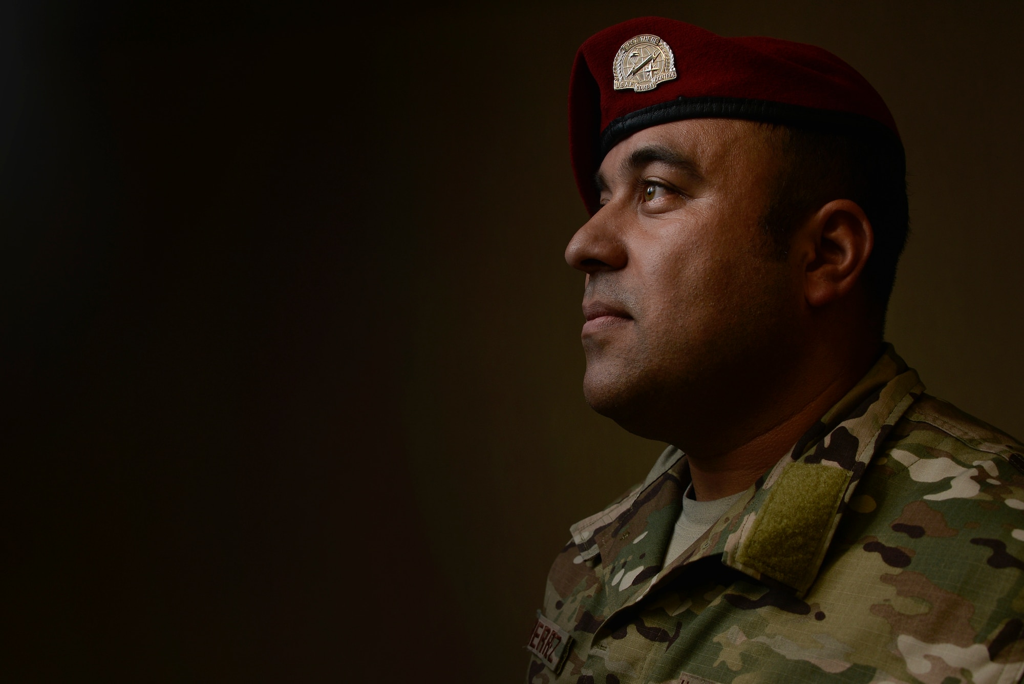 Master Sgt. Robert Gutierrez Jr., Battlefield Airmen Training Group standards, and evaluation, poses for a portrait May 18, 2018 in Laurel, Md.  Gutierrez is a combat controller who was on the team in Afghanistan in 2009 that conducted ad high-risk operations that eventually captured the second most powerful leader of the Taliban in that region. (U.S. Air Force photo by Staff Sgt. Alexandre Montes)