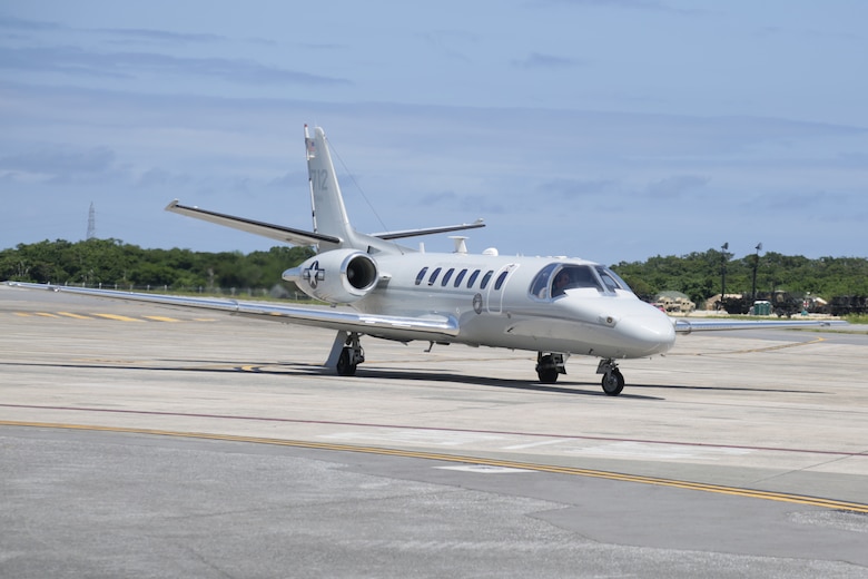 A UC-35 Citation returns from a training flight May 22 at Marine Corps Air Station Futenma, Okinawa, Japan. A UC-35 is a transport aircraft used to transport time critical parts and people to their destination. It can carry up to eight passengers and has a cruise speed of 380 to 518 mph.