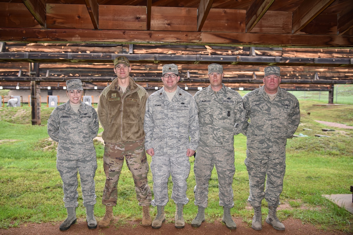 Senior Airman Elizabeth Scott, Master Sgt. Derrick Burkhart, Maj. Justin Aylward, Master Sgt. Jeremy Wajer ad Master Sgt. Dan Ruesch, competed in The State Command Sergeant Major’s Outdoor Match May 19, 2018 at Camp Rapid, S.D.