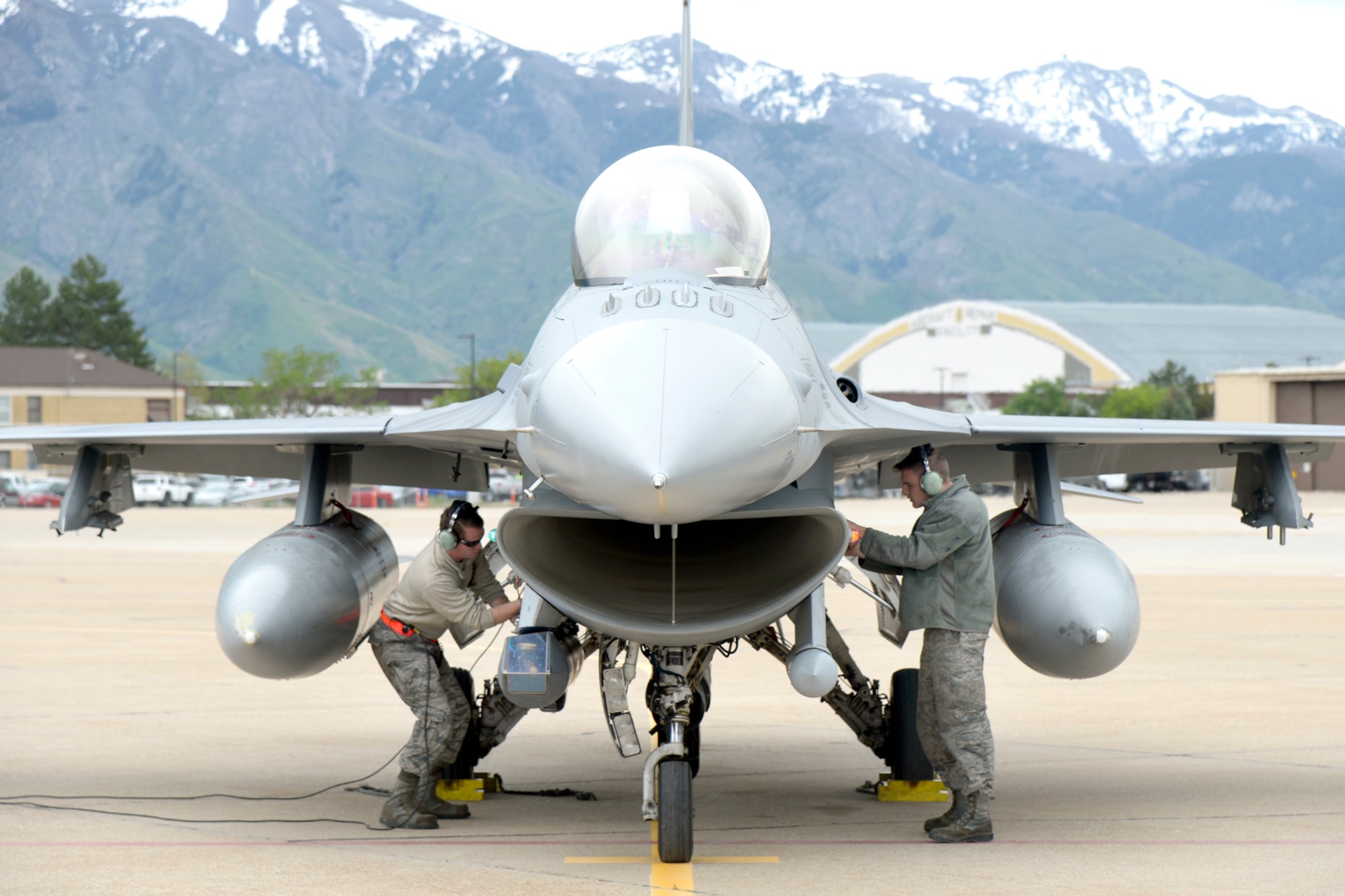 Staff Sgt. Jeremy Andrews and Staff Sgt. Brian Staller, both with 79th Tactical Fighter Squadron, provide recovery support for an F-16 from Shaw Air Force Base, South Carolina, after a training mission, May 10, 2018, at Hill Air Force Base, Utah. The unit participated in a Weapons System Evaluation Program, or WSEP, exercise conducted by the 86th Fighter Weapons Squadron, a Hill tenant unit. (U.S. Air Force photo by Todd Cromar)