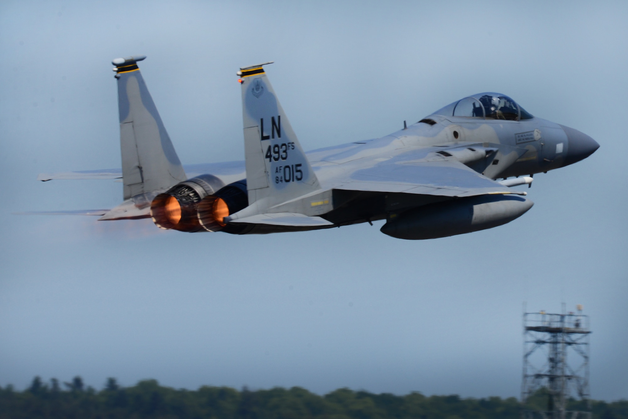 An F-15C Eagle assigned to the 493rd Fighter Squadron takes off at Royal Air Force Lakenheath, England, in support of Exercise POINTBLANK May 24, 2018. The objective is to prepare Coalition warfighters for a highly contested fight against near-peer adversaries by providing a multi-dimensional battle-space to conduct advanced training in support of U.S. and U.K. national interests. (U.S. Air Force photo/ Tech. Sgt. Matthew Plew)