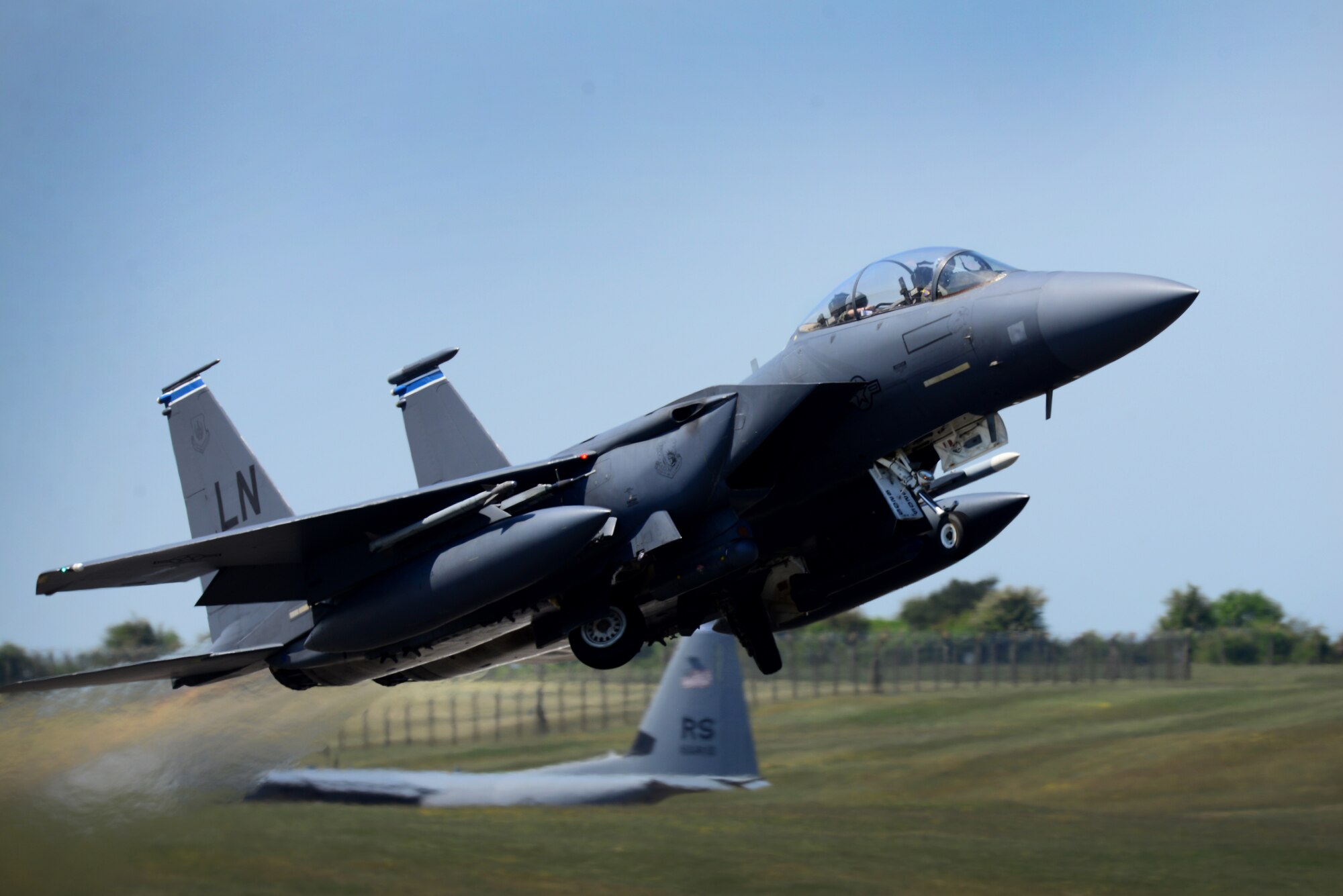 An F-15E Strike Eagle assigned to the 492nd Fighter Squadron takes off at Royal Air Force Lakenheath, England, in support of Exercise POINTBLANK May 24, 2018. The objective is to prepare Coalition warfighters for a highly contested fight against near-peer adversaries by providing a multi-dimensional battle-space to conduct advanced training in support of U.S. and U.K. national interests. (U.S. Air Force photo/ Tech. Sgt. Matthew Plew)