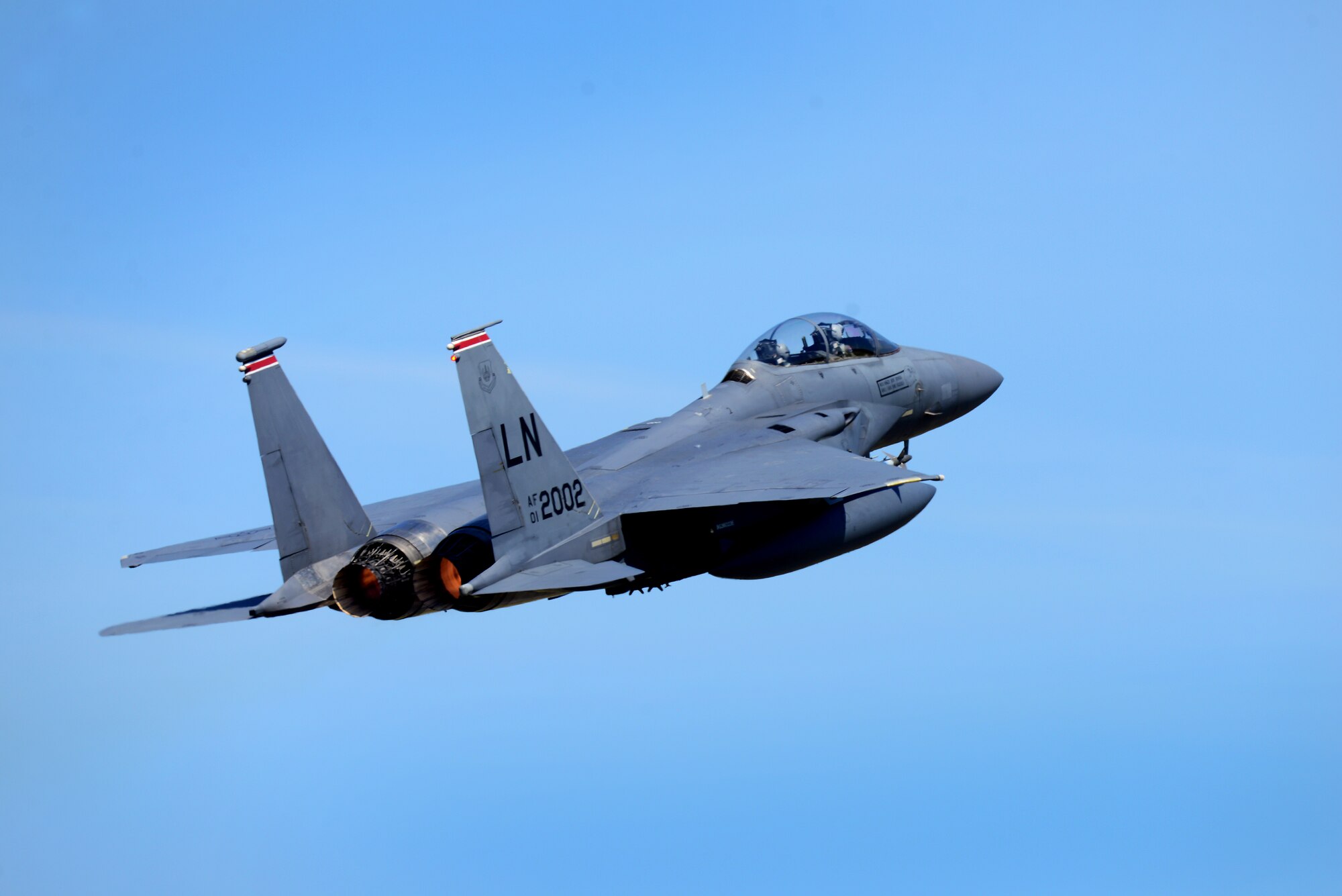 An F-15E Strike Eagle assigned to the 494th Fighter Squadron takes off at Royal Air Force Lakenheath, England, in support of Exercise POINTBLANK May 24, 2018. The objective is to prepare Coalition warfighters for a highly contested fight against near-peer adversaries by providing a multi-dimensional battle-space to conduct advanced training in support of U.S. and U.K. national interests. (U.S. Air Force photo/ Tech. Sgt. Matthew Plew)