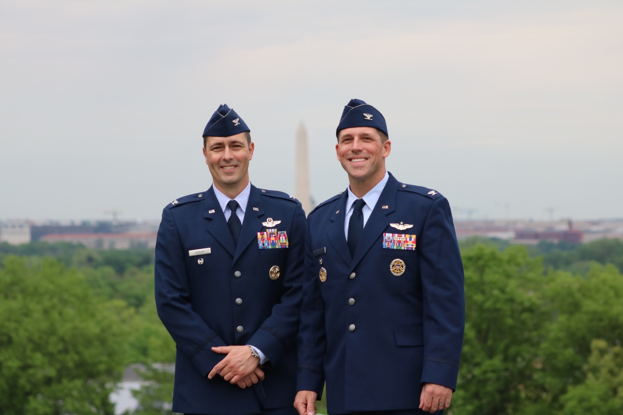 Col. Dan Cooley, a National War College student at Ft. McNair, D.C., and Col. Jason Camilletti, a Marine Corps War College student in Quantico, Va., pause for a photo following their shared