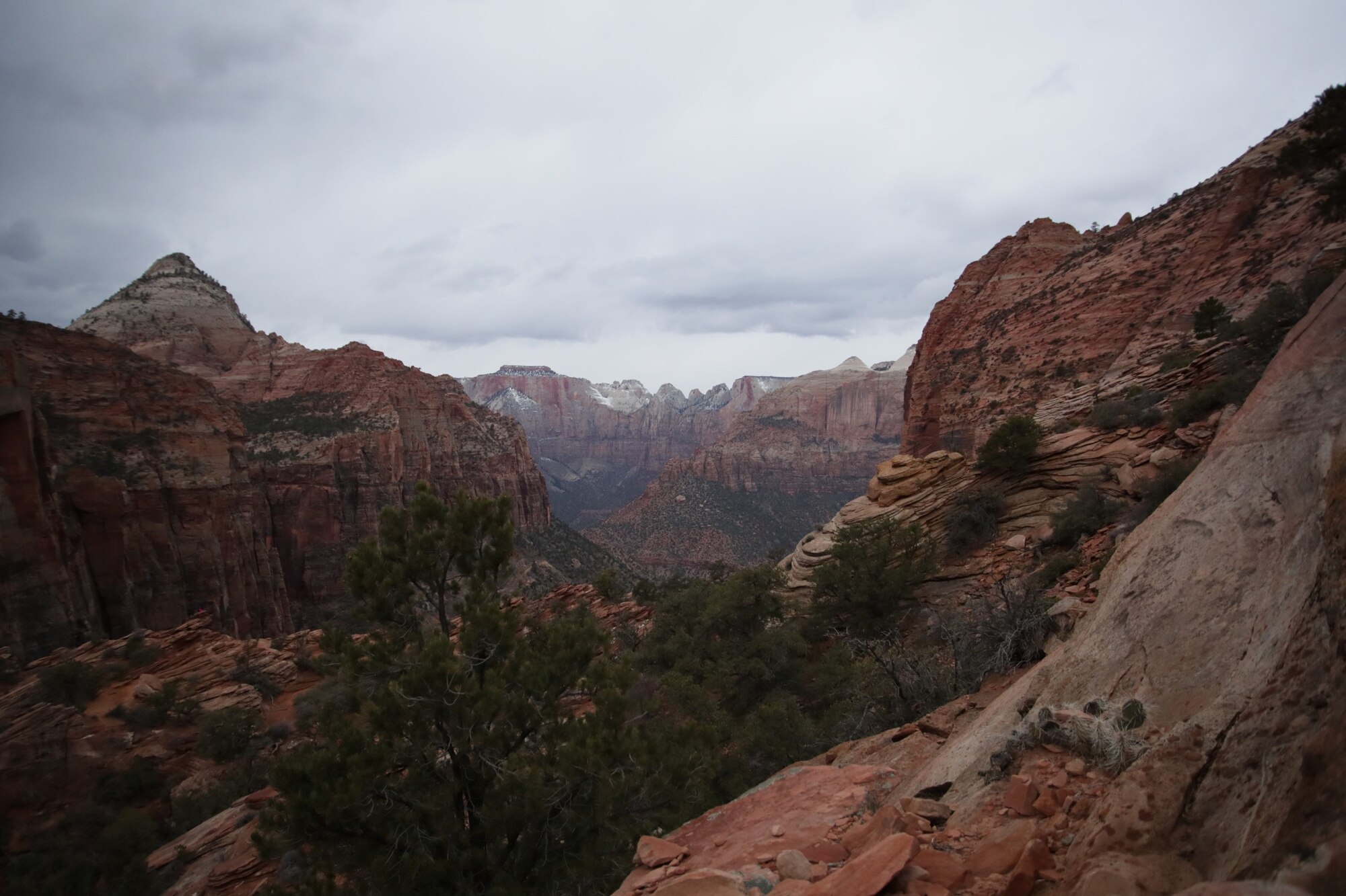 A view from a trail in Zion National Park, Utah as seen by Senior Airman Matthew Ronnfeldt, 384th Air Refueling Squadron boom operator, March 17, 2018. Due to a snow storm, Ronnfeldt and 1st Lt. Marclauren Galera (not pictured), 384th ARS pilot, were forced to stay the night in a cave after helping park rangers rescue stranded six climbers. (Courtesy photo)