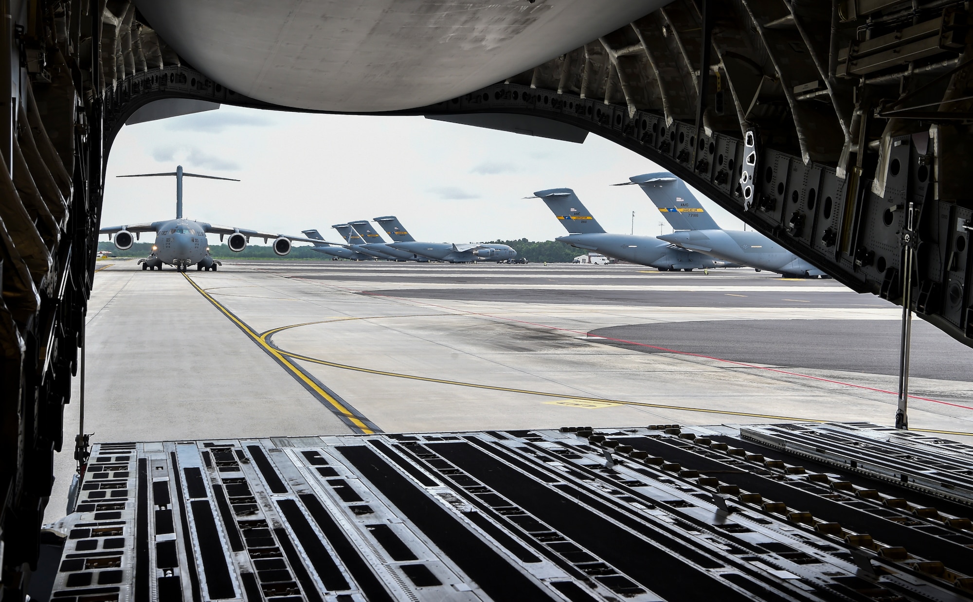 A C-17 Globemaster III taxis after the large formation exercise at Joint Base Charleston, May 22, 2018.