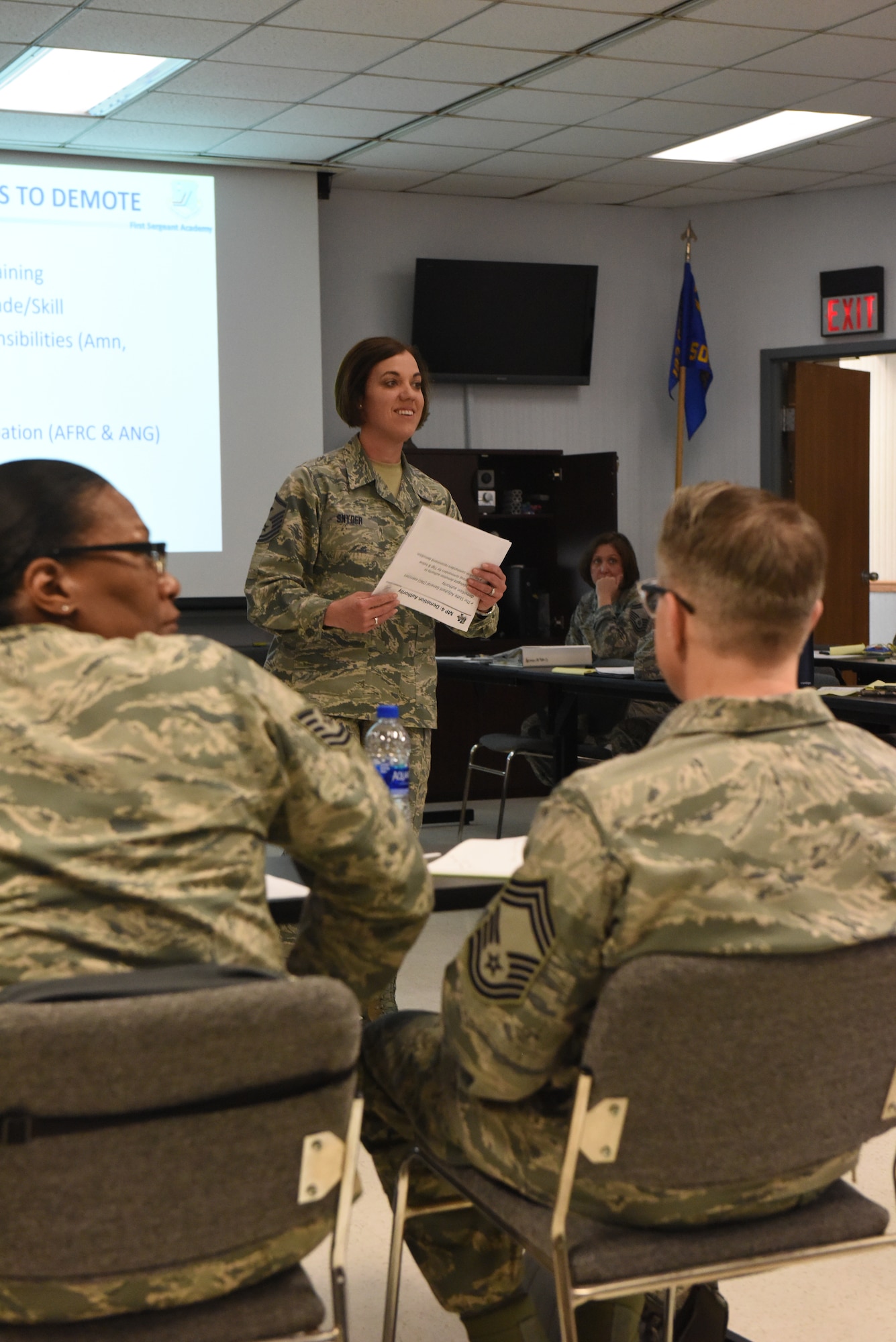 Master Sgt. Dana Pyles, 193rd Mission Support Group first sergeant, listens to Master Sgt. Jose Santiago, 193rd Special Operations Maintenance Group first sergeant, Lt Col Eric McKissick SOMXG deputy group commander, and Chief Master Sgt. Robert Smith, Special Operations Aircraft Maintenance Squadron superintendent talk about the importance of the leadership triad and how they handle issues as a triad, during a 2-day additional duty first sergeant seminar May 1-2, 2018, Middletown, Pennsylvania. The seminar was hosted by 193rd SOW first sergeant council and most briefings were taught by Air Force First Sergeant Academy instructors. (U.S. Air Force Photo by Master Sgt. Culeen Shaffer/Released)