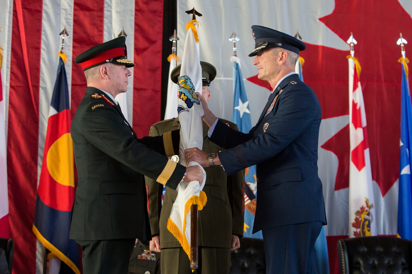 Air Force Gen. Terrence J. O'Shaughnessy assumed command of the North American Aerospace Defense Command and United States Northern Command from Air Force Gen. Lori Robinson during a ceremony held at Peterson Air Force Base today.