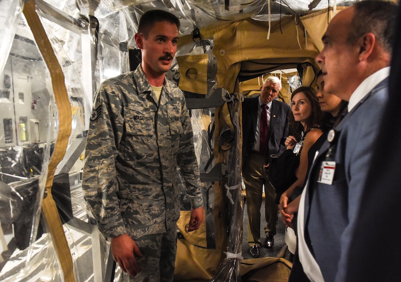 Senior officials from the Medical University of South Carolina receive a briefing from JB Charleston Airmen inside the Transportation Isolation System May 22, 2018, at Joint Base Charleston, S.C.