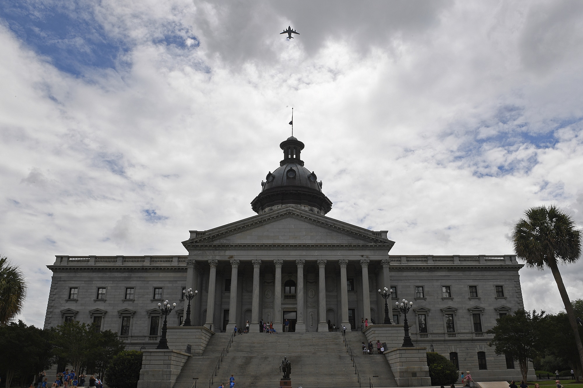 A C-17 Globemaster III, from Joint Base Charleston, S.C. flies over the South Carolina State House as part of a large formation exercise, in Columbia, S.C., May 22. 2018.