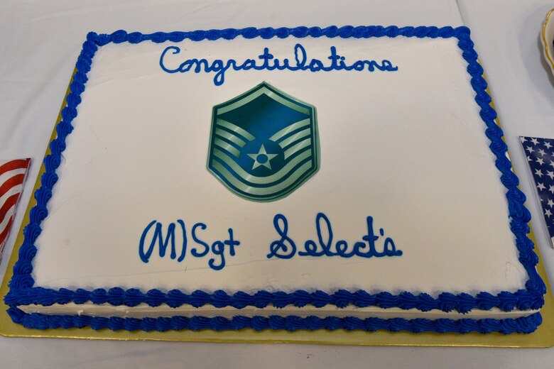 A cake congratulates the Master Sergeant selects during a release party at the Event Center Goodfellow Air Force Base, Texas, May 23, 2018. Goodfellow held the party to notify the selected promotees and to give fellow wingmen and friends an opportunity to congratulate them on their success. (U.S. Air Force photo by Senior Airman Randall Moose)