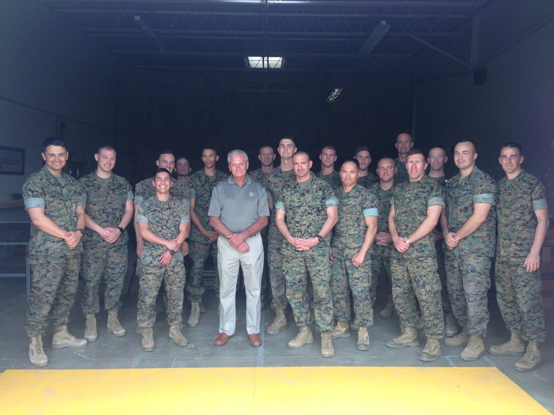 9th Communication Battalion Officers meet with Sergeant Ron Rawlings. Sergeant Rawlings fought with 2nd Battalion, 5th Marines as a Radio Operator at the battle of Hue City during the Vietnam War.