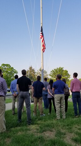 NSWC Crane New Hires observe morning colors to kick off Onboarding.