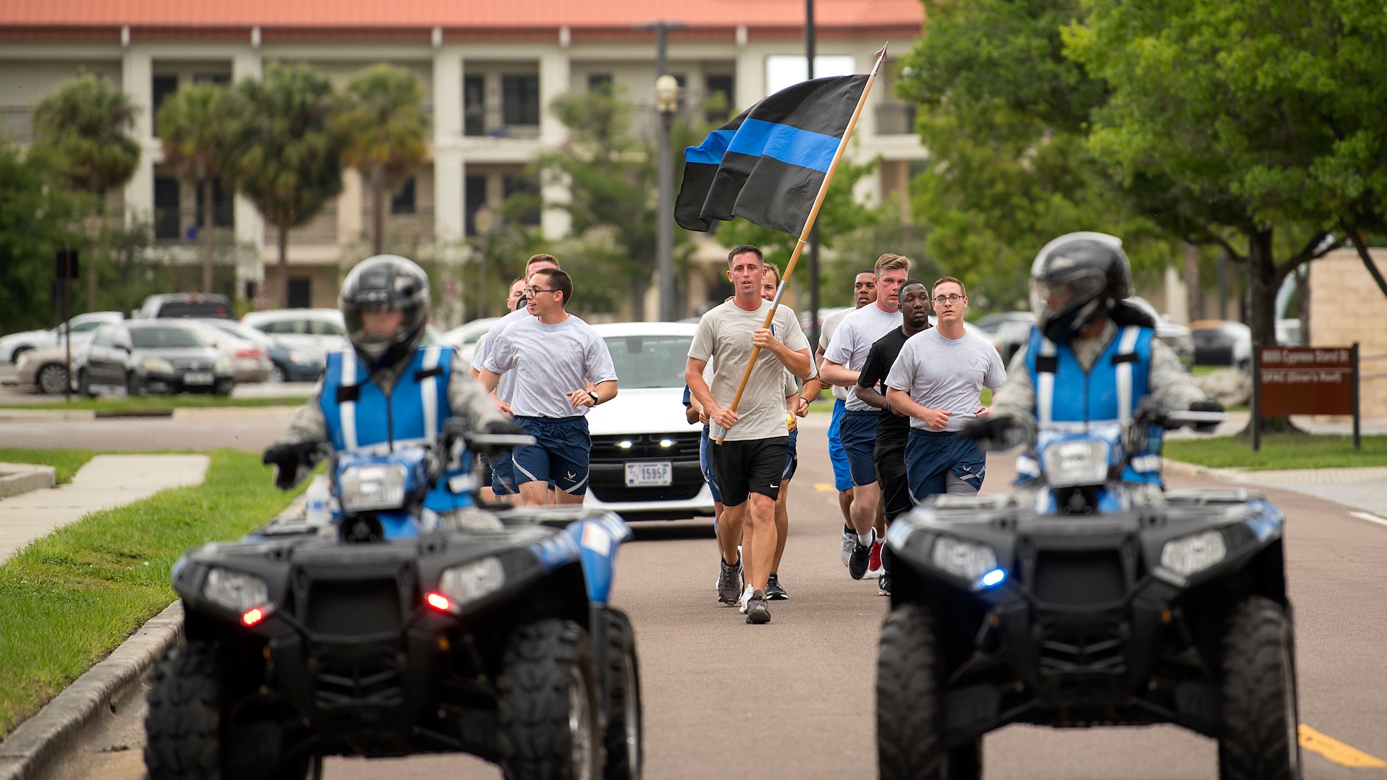 Members of the 6th Security Forces Squadron participate in a 24-hour vigilance run to commemorate Police Week at MacDill Air Force Base, Fla., May 22, 2018. Police Week is a national observance that pays tribute to the law enforcement officers who have lost their lives in the line of duty for the safety and protection of others.