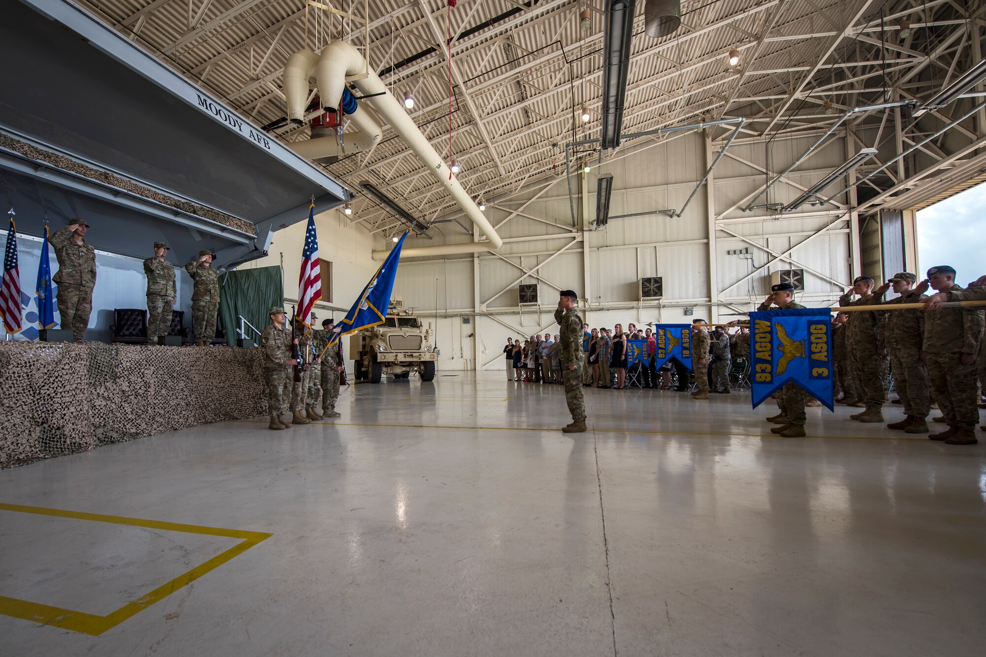 Airmen from the 93d Air Ground Operations Wing (AGOW) render salutes during a change of command ceremony, May 23, 2018, at Moody Air Force Base, Ga.  This event marks the beginning of a new regime as Col. Paul Birch becomes the 7th commander of the 93d AGOW.
(U.S. Air Force photo by Airman 1st Class Eugene Oliver)