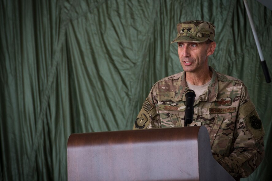 U.S. Air Force Maj. Gen. Scott J. Zobrist, 9th Air Force commander, speaks during the 93d Air Ground Operations Wing change of command ceremony, May 23, 2018, at Moody Air Force Base, Ga. The 93d AGOW welcomed incoming commander Col. Paul Birch and celebrated the accomplishments of outgoing commander Col. Jeffery Valenzia. Prior to taking command of the 93d AGOW, Birch was the commander of the 380th Expeditionary Operations Group at Al Dhafra Air Base, United Arab Emirates. (U.S. Air Force photo by Senior Airman Janiqua P. Robinson)