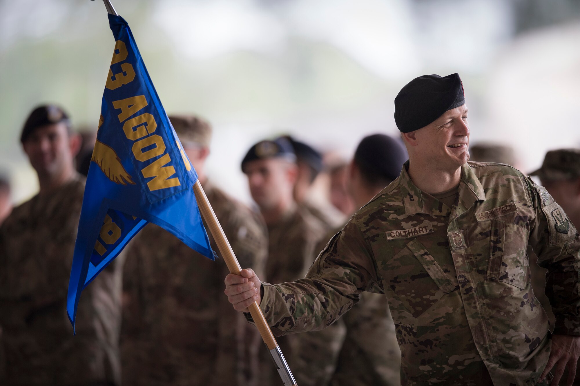 Chief Master Sgt. Michael Colthart, 18th Air Support Operations Group chief enlisted manager, waits for the start of a change of command ceremony, May 23, 2018, at Moody Air Force Base, Ga. The event marks the beginning of a new regime as Col. Paul Birch becomes the 7th commander of the 93d Air Ground Operations Wing and its battlefield Airmen. (U.S. Air Force photo by Staff Sgt. Ryan Callaghan)