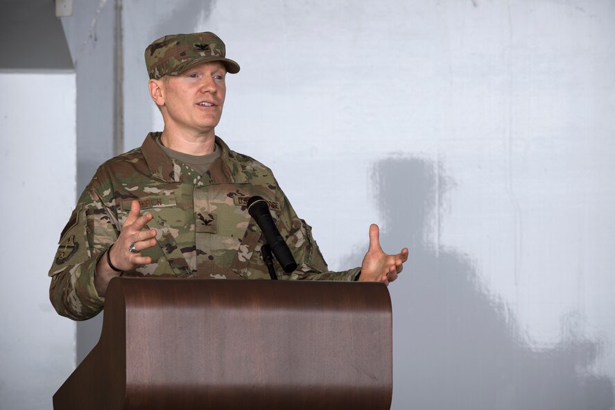 Col. Paul Birch, incoming 93d Air Ground Operations Wing commander, gives remarks at the AGOW change of command ceremony, May 23, 2018, at Moody Air Force Base, Ga. The event marks the beginning of a new regime as Birch becomes the 7th commander of the Wing and its battlefield Airmen. (U.S. Air Force photo by Staff Sgt. Ryan Callaghan)