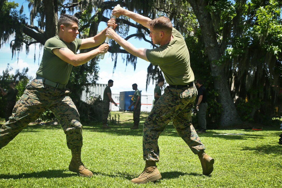 Marines conduct weapons retention training aboard Marine Corps Recruit Depot Parris Island May 23. SAF is a detail of Marines selected to assist the Provost Marshal’s Office with security in emergency situations. The Marines are with the Headquarters and Headquarters Squadron.
