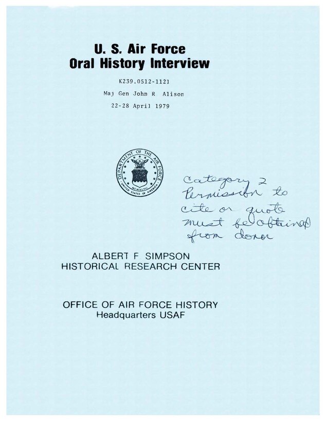 Cover of oral history interview conducted by the Air Force Historical Research Center in 1979.