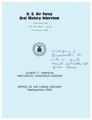Cover of oral history interview conducted by the Air Force Historical Research Center in 1979.