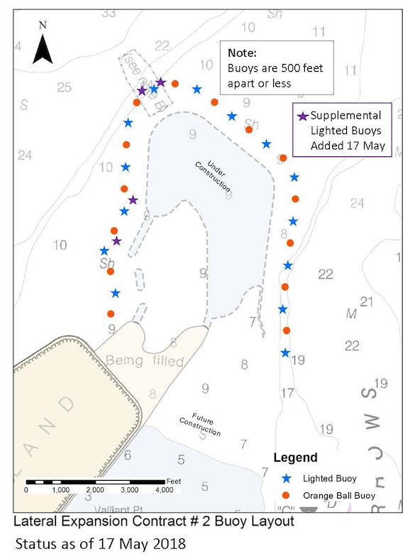 With Memorial Day weekend upon us and the expected increase in boaters on the waters of the Chesapeake Bay, the U.S. Army Corps of Engineers, Baltimore District, is urging boaters to steer clear of ongoing construction activities and submerged rocks marked by cautionary buoys shown here on this map near Poplar Island.