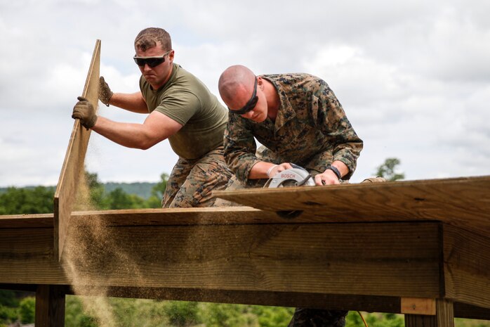 U.S. Marines Lance Cpl. Caleb J. Malone (left), combat engineer with Bridge Company C, 6th Engineer Support Battalion, 4th Marine Logistics Group, discards a piece of cut plywood as Lance Cpl. Matthew P. Winter (right), combat engineer with Engineer Company C, 6th ESB, 4th MLG, cuts plywood with a circular saw at a construction site during exercise Red Dagger at Fort Indiantown Gap, Pa., May 23, 2018.