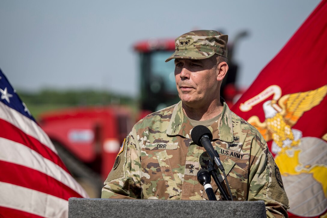 U.S. Army Maj. Gen. Tim Orr, Adjutant General of the Iowa National Guard, speaks to guests during the groundbreaking ceremony of a brand new Reserve Training Center hosting Company E, 2nd Battalion, 24th Marines, 23rd Marine Regiment, 4th Marine Division, and the Navy Operational Support Center in Des Moines, Iowa, May 24, 2018.
