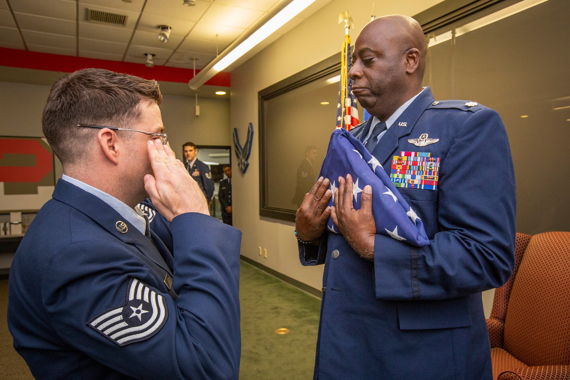 A retirement ceremony was held for U.S. Air Force Lt. Col. Corey Brown at Joint Base McGuire-Dix-Lakehurst, N.J., May 19, 2018. During his 30-year career, he served as KC-135R Stratotanker boom operator before earning his commission and becoming a KC-10 Extender pilot. He joined the 514th Air Mobility Wing, Air Force Reserve Command, in 2015. (U.S. Air Force photo by Master Sgt. Mark C. Olsen)