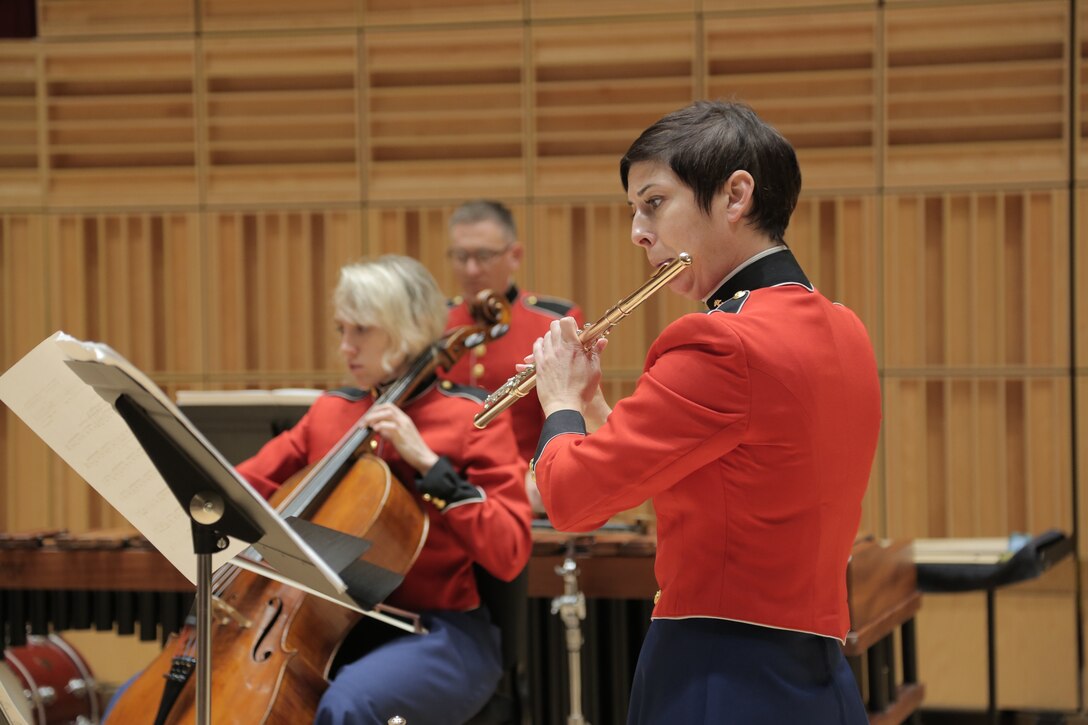 Members of the Marine Band and Marine Chamber Orchestra rehears for the May 6 Chamber Series performance.