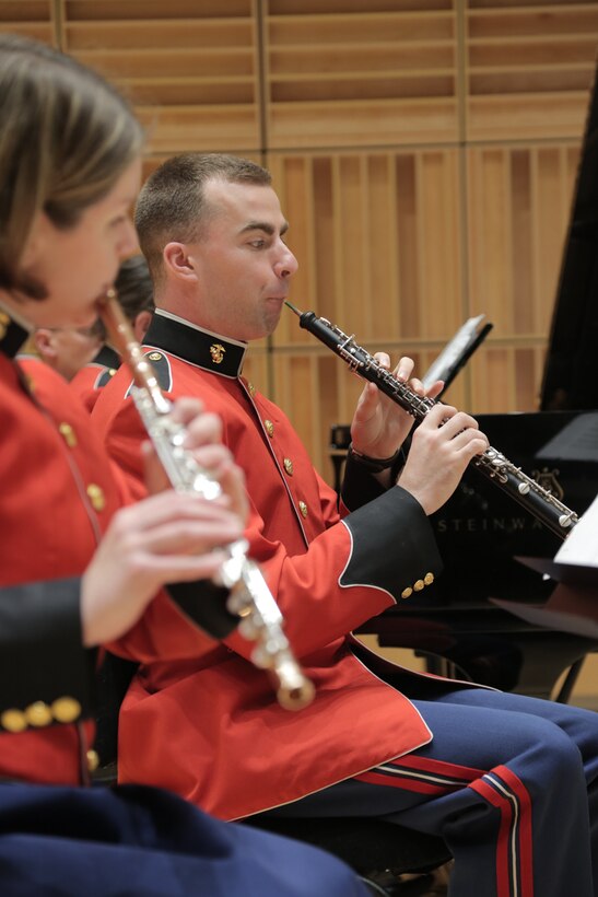 Members of the Marine Band and Marine Chamber Orchestra rehears for the May 6 Chamber Series performance.