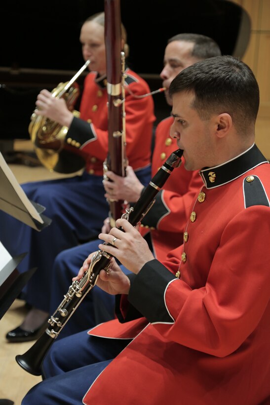 Members of the Marine Band and Marine Chamber Orchestra rehears for the May 6 Chamber Series performance.