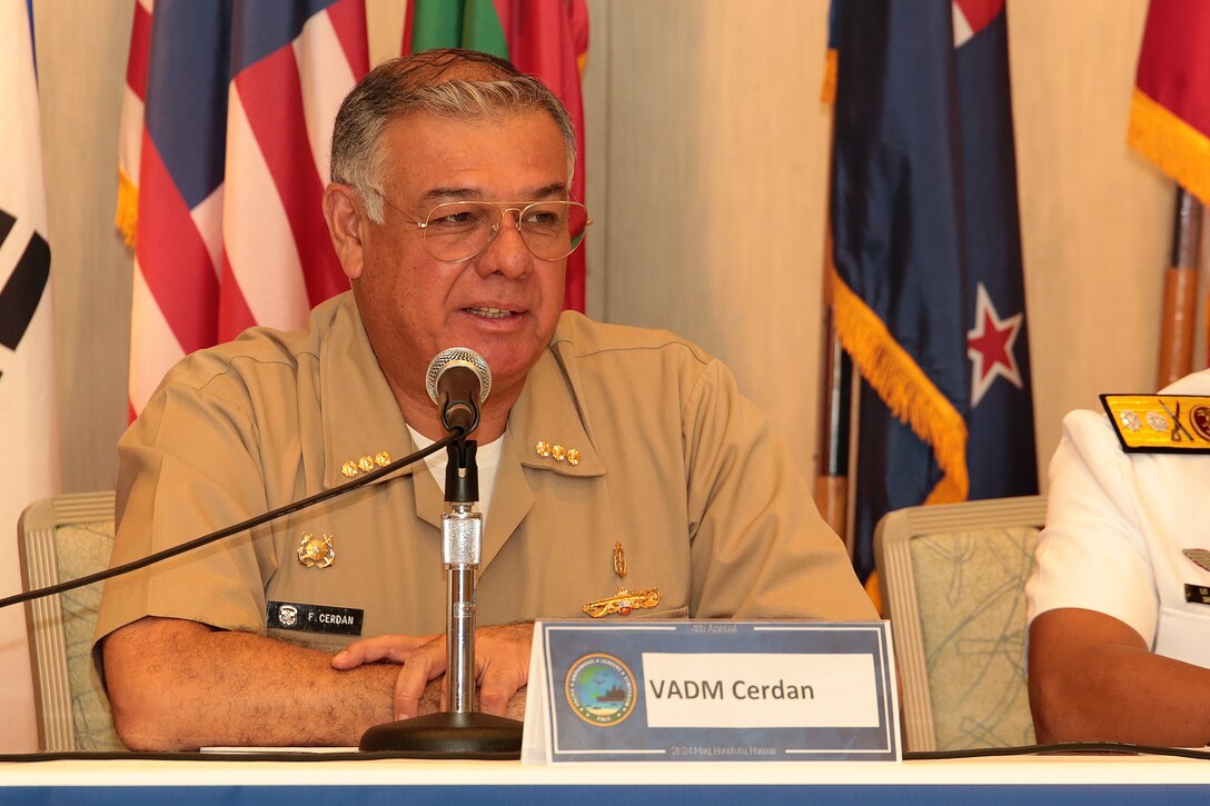 Peruvian Vice Adm. Fernando Cerdan, commander, Pacific Operations General Command, speaks about amphibious operations during the Pacific Amphibious Leaders Symposium (PALS) 2018 in Honolulu, Hawaii, May 23, 2018. PALS brings together senior leaders of allied and partner militaries with significant interest in the security and stability of the Indo-Pacific region to discuss key aspects of maritime/amphibious operations, capability development, crisis response, and interoperability. (U.S. Marine Corps photo by Cpl. Maximiliano Rosas)