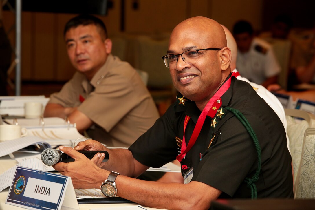Indian Army Brig. Gen. Arun Chaloli Gopinath, commander, Infantry Brigade India, speaks during the Pacific Amphibious Leaders Symposium (PALS) 2018 in Honolulu, Hawaii, May 23, 2018. PALS brings together senior leaders of allied and partner militaries with significant interest in the security and stability of the Indo-Pacific region to discuss key aspects of maritime/amphibious operations, capability development, crisis response, and interoperability. (U.S. Marine Corps photo by Cpl. Maximiliano Rosas)