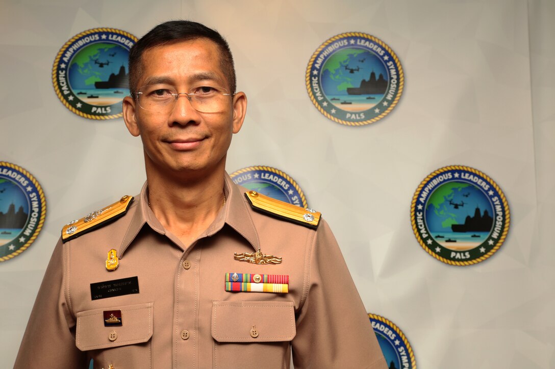 Royal Thai Navy Rear Adm. Chatchai Thongsaard, commander, Amphibious and Combat Service Support Squadron, poses for a photo during the Pacific Amphibious Leaders Symposium (PALS) in Honolulu, Hawaii, May 23, 2018. Events such as PALS helps to strengthen our interoperability and working relationships across a wide range of military operations, from humanitarian assistance and disaster relief to complex expeditionary operations.(U.S. Marine Corps photo by Cpl. Maximiliano Rosas)
