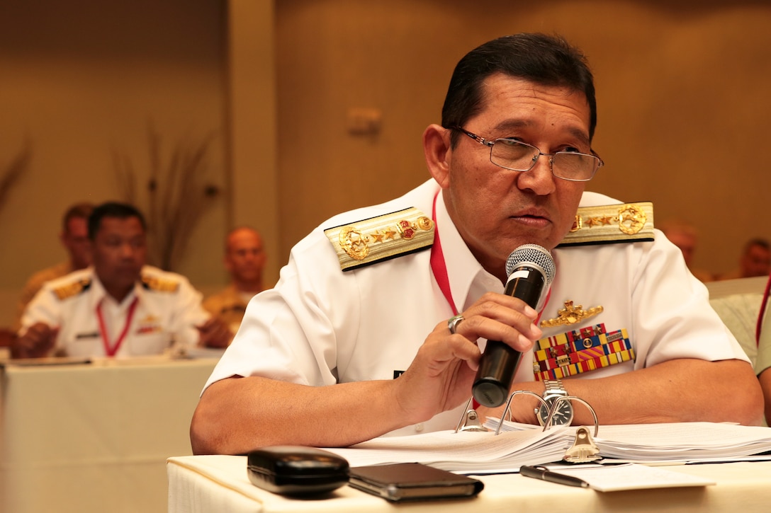 Malaysian Navy Rear Adm. Khairul Anuar Yahya, assistant chief of staff for operations and exercise, Naval Headquarters, asks a question during the Pacific Amphibious Leaders Symposium (PALS) in Honolulu, Hawaii, May 21-24, 2018. PALS brings together senior leaders of allied and partner militaries with significant interest in the security and stability of the Indo-Pacific region to discuss key aspects of maritime/amphibious operations, capability development, crisis response and interoperability. (U.S. Marine Corps photo by Cpl. Maximiliano Rosas)