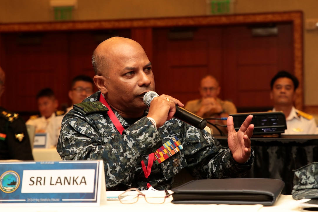 Sri Lankan Navy Rear Adm. Udeni Indranatha Serasinghe, Director General land Operation and Director, Sri Lanka Navy Infantry and Navy Marine, asks a question during the Pacific Amphibious Leaders Symposium (PALS) in Honolulu, Hawaii, May 24, 2018. PALS brings together senior leaders of allied and partner militaries with significant interest in the security and stability of the Indo-Pacific region to discuss key aspects of maritime/amphibious operations, capability development, crisis response and interoperability. (U.S. Marine Corps photo by Cpl. Maximiliano Rosas)