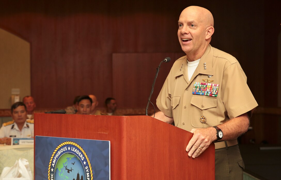 U.S. Marine Corps Lt. Gen. David H. Berger, commander, U.S. Marine Corps Forces, Pacific, gives his final remarks during the closing of the Pacific Amphibious Leaders Symposium (PALS) in Honolulu, Hawaii, May 24, 2018. PALS brings together senior leaders of allied and partner militaries with significant interest in the security and stability of the Indo-Pacific region to discuss key aspects of maritime/amphibious operations, capability development, crisis response and interoperability. (U.S. Marine Corps photo by Cpl. Maximiliano Rosas)