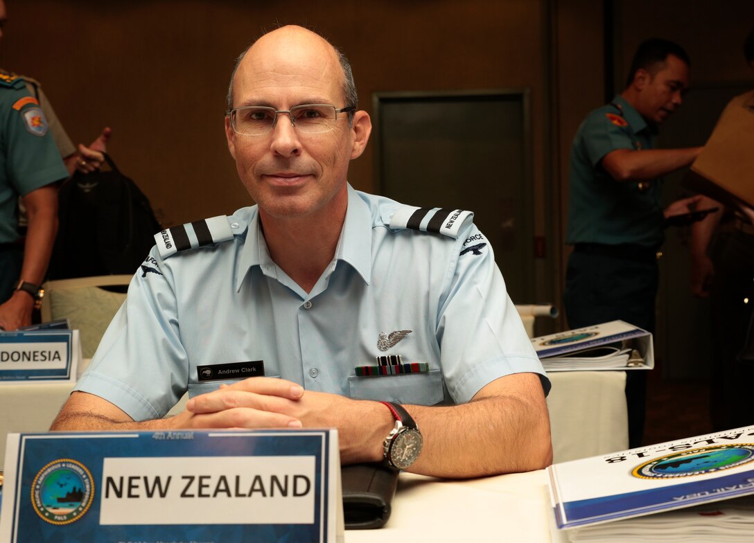 New Zealand Air Commodore Andrew Clark, air component commander, New Zealand Defence Force, participates in the Pacific Amphibious Leaders Symposium (PALS) in Honolulu, Hawaii, May 21-24, 2018. PALS brings together senior leaders of allied and partner militaries with significant interest in the security and stability of the Indo-Pacific region to discuss key aspects of maritime/amphibious operations, capability development, crisis response and interoperability. (U.S. Marine Corps photo by Cpl. Maximiliano Rosas)
