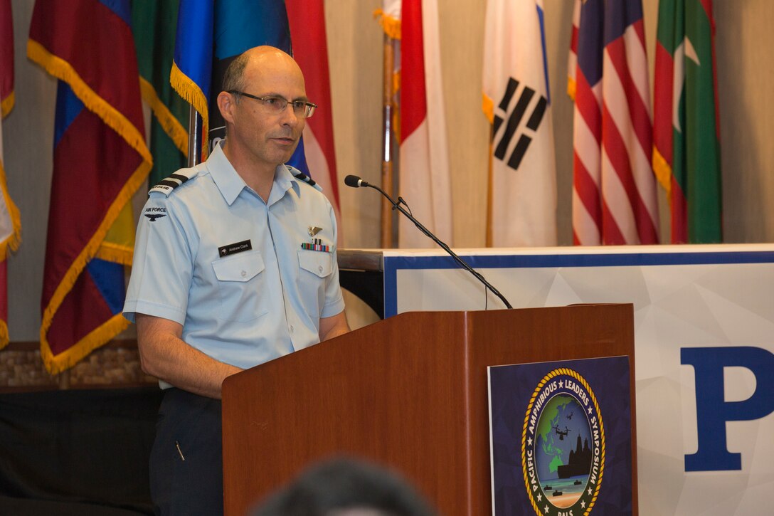 New Zealand Air Commodore Andrew Clark, air component commander, New Zealand Defence Force, gives a brief during the Pacific Amphibious Leaders Symposium (PALS) 2018 in Honolulu, Hawaii, May 24, 2018. PALS brings together senior leaders of allied and partner militaries with significant interest in the security and stability of the Indo-Pacific region to discuss key aspects of maritime/amphibious operations, capability development, crisis response and interoperability. (U.S. Marine Corps photo by Cpl. Patrick Mahoney)