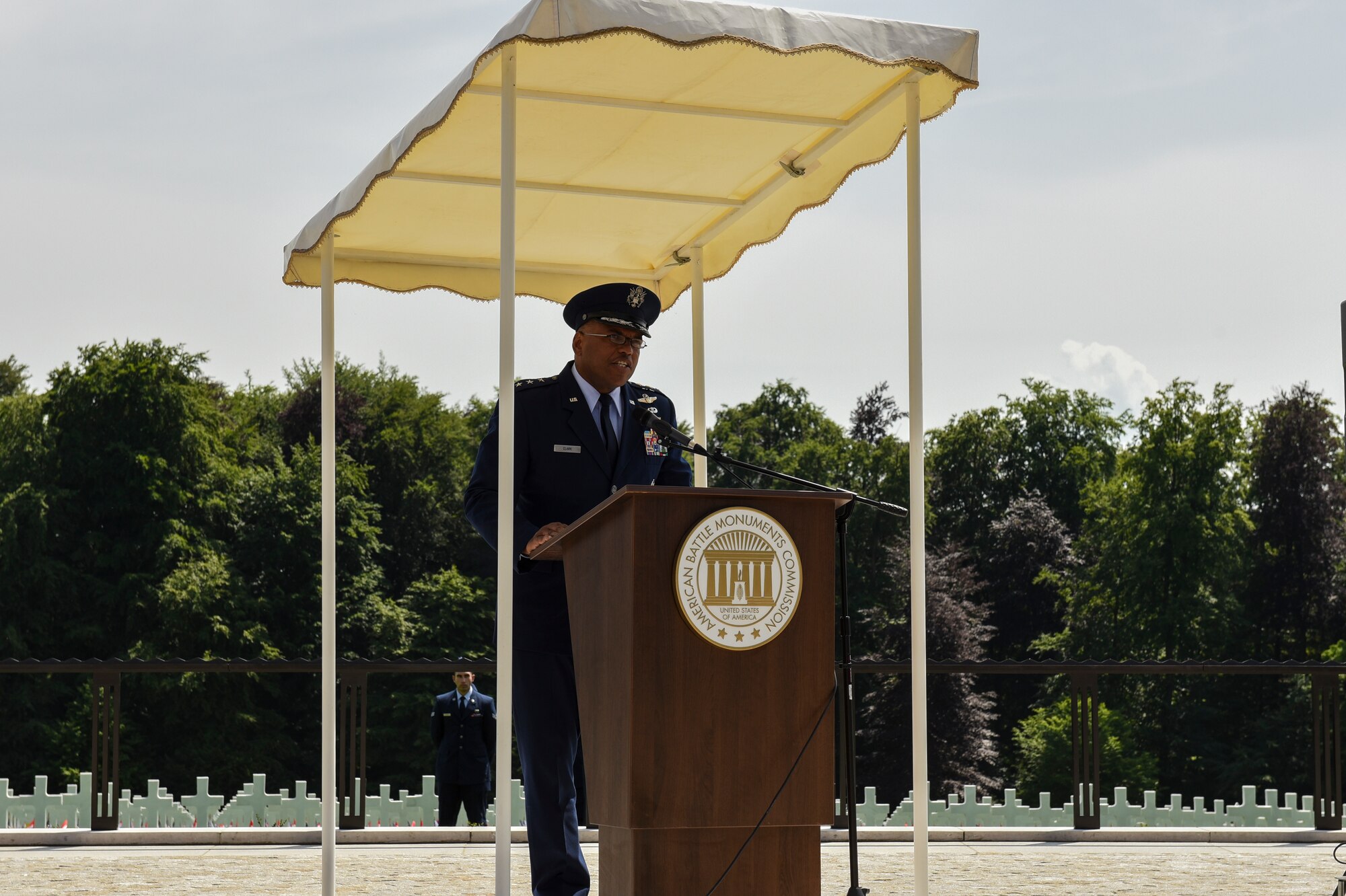 U.S. Air Force Lt. Gen. Richard Clark, 3rd Air Force commander, delivers a speech during the Memorial Day Ceremony at Luxembourg American Military Cemetery in Hamm, Luxembourg, May 26, 2018. The holiday serves as an opportunity to pause and remember the sacrifices of more than one million Soldiers, Sailors, Airmen, Marines and Coast Guardsmen who gave their lives in defense of freedom. (U.S. Air Force photo by Senior Airman Dawn M. Weber)