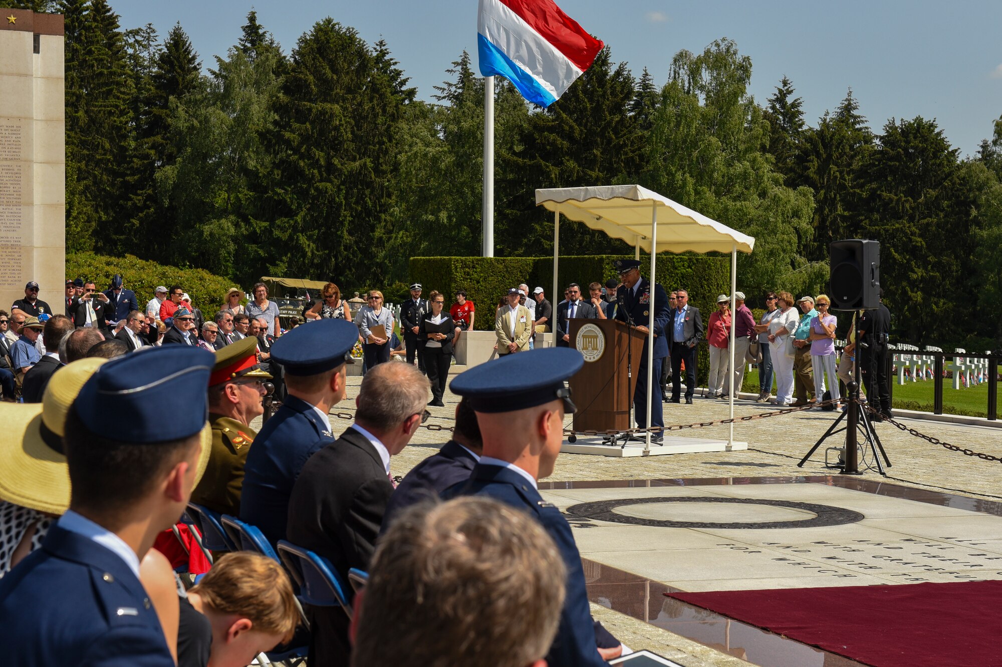 U.S. Air Force Lt. Gen. Richard Clark, 3rd Air Force commander, delivers a speech during the Memorial Day Ceremony at Luxembourg American Military Cemetery in Hamm, Luxembourg, May 26, 2018. The holiday serves as an opportunity to pause and remember the sacrifices of more than one million Soldiers, Sailors, Airmen, Marines and Coast Guardsmen who gave their lives in defense of freedom. (U.S. Air Force photo by Senior Airman Dawn M. Weber)