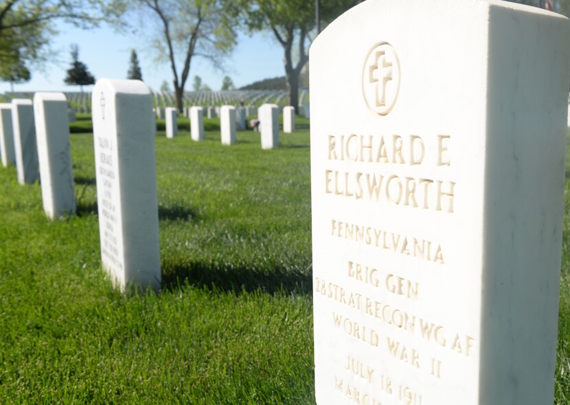 Brig. Gen. Richard E. Ellsworth’s grave rests at the Black Hills National Cemetery near Sturgis, S.D. May 26, 2018. Airmen from Ellsworth Air Force Base, named after the General, have supported Memorial Day services at the cemetery since 2007. (U.S. Air Force photo by Airman 1st Class Nicolas Z. Erwin)