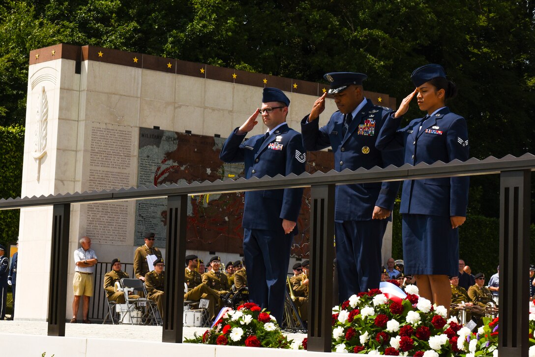 U.S. Air Force Lt. Gen. Richard Clark, 3rd Air Force commander, salutes a remembrance wreath on behalf of United States Air Forces in Europe during the Memorial Day Ceremony at Luxembourg American Military Cemetery in Hamm, Luxembourg, May 26, 2018. Memorial Day is observed on the last Monday of May in remembrance of those who gave the ultimate sacrifice and is said to have originated after the American Civil War. (U.S. Air Force photo by Senior Airman Dawn M. Weber)