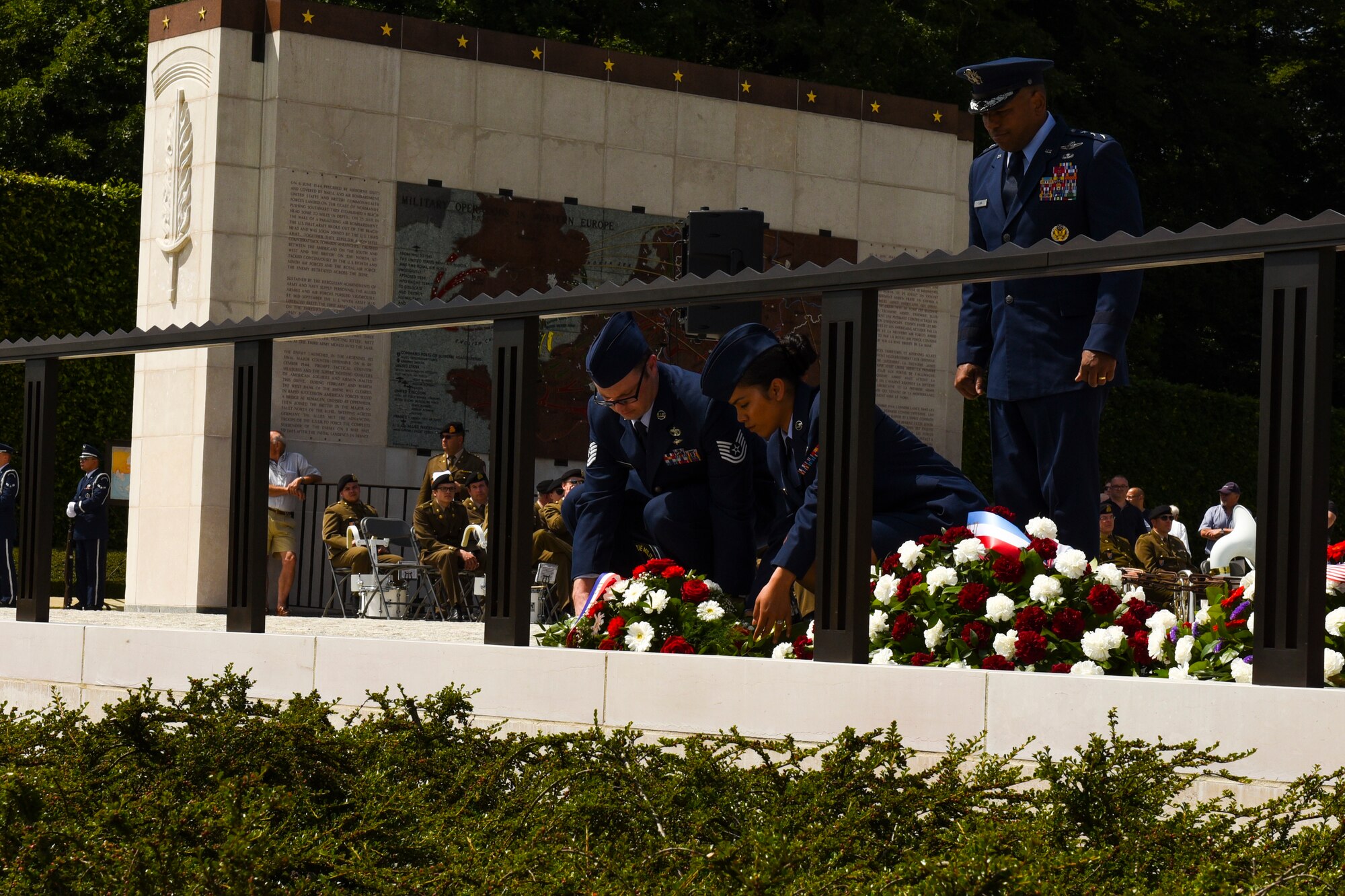 U.S. Air Force Lt. Gen. Richard Clark, 3rd Air Force commander, presents a remembrance wreath on behalf of United States Air Forces in Europe during the Memorial Day Ceremony at Luxembourg American Military Cemetery in Hamm, Luxembourg, May 26, 2018. Memorial Day is observed on the last Monday of May in remembrance of those who gave the ultimate sacrifice and is said to have originated after the American Civil War. (U.S. Air Force photo by Senior Airman Dawn M. Weber)