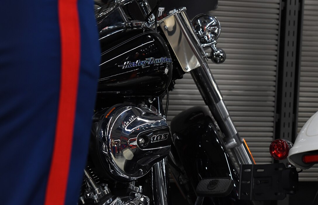A Marine checks out a brand new Harley during the Jumpstart Fleet Week with the USO and Harley Davidson event, March 25, 2018. Marines, Sailors, and Coast Guardsmen are in New York to interact with the public, demonstrate capabilities and teach the people of New York about America’s sea services.