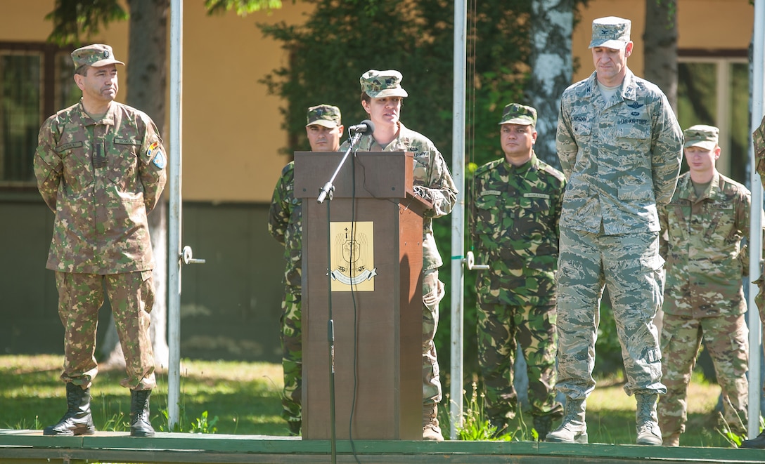 Lt. Col. Abigail Cathelineaud (center), commander of the 397th Engineer Battalion, 372nd Engineer Brigade